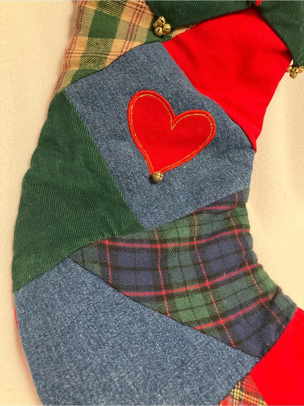 retired Pier 1 Imports patchwork quilt Christmas stocking. Red heart. Tiny bells